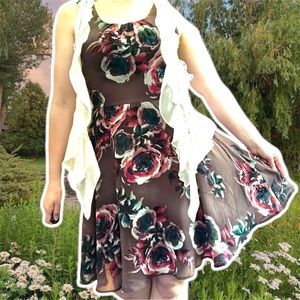 Sepia Rose Print Sleeveless Fairy Tea Dress with Lace Detail, Size 4